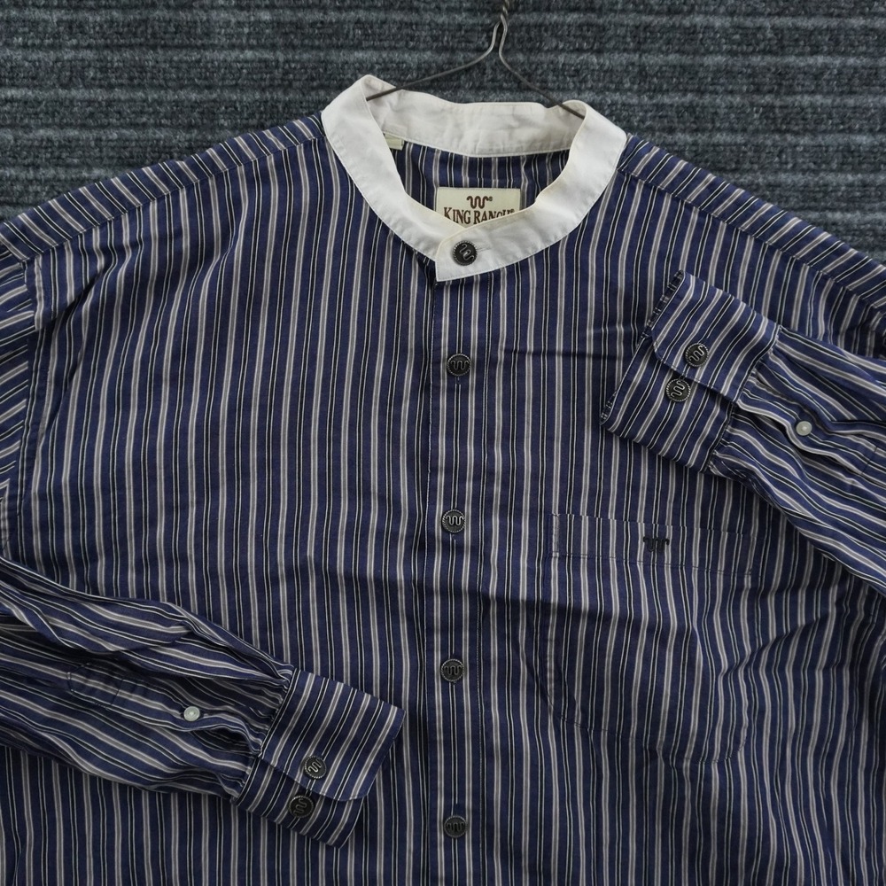 King Ranch Grandad Button Down Shirt Mens XXL Blue Striped Band Collar Western